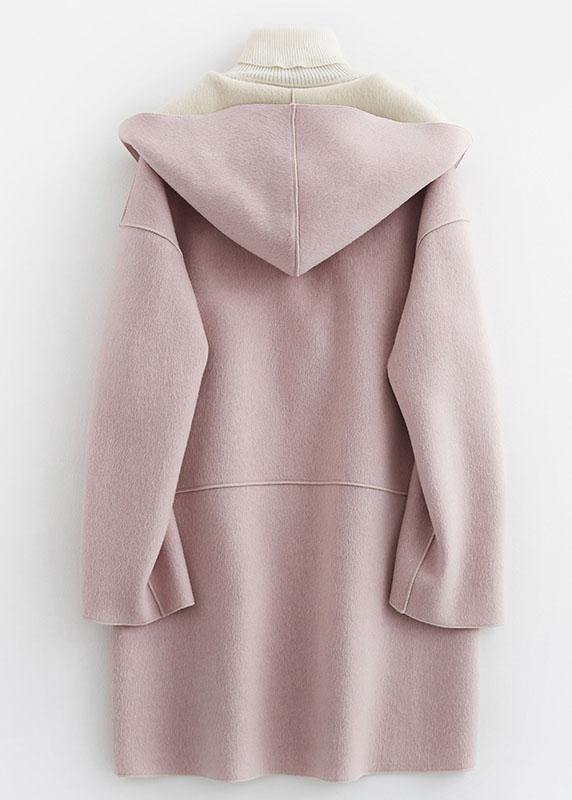 Oversize Winter Coat Hooded Woolen Outwear Pink Pockets Wool Coat