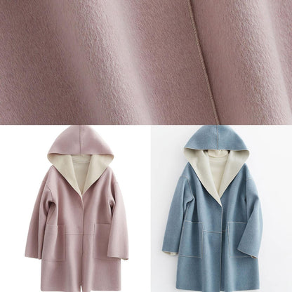 Oversize Winter Coat Hooded Woolen Outwear Pink Pockets Wool Coat