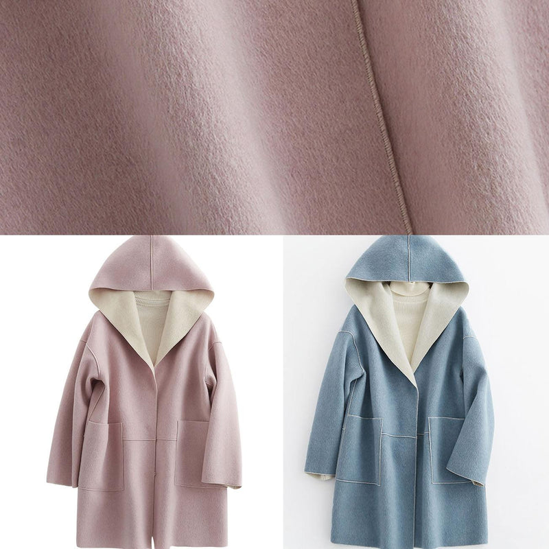Oversize Winter Coat Hooded Woolen Outwear Pink Pockets Wool Coat