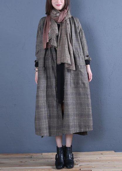 Oversized Long Winter Coat Fall Gray Plaid Drawstring Coat