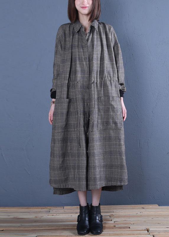 Oversized Long Winter Coat Fall Gray Plaid Drawstring Coat