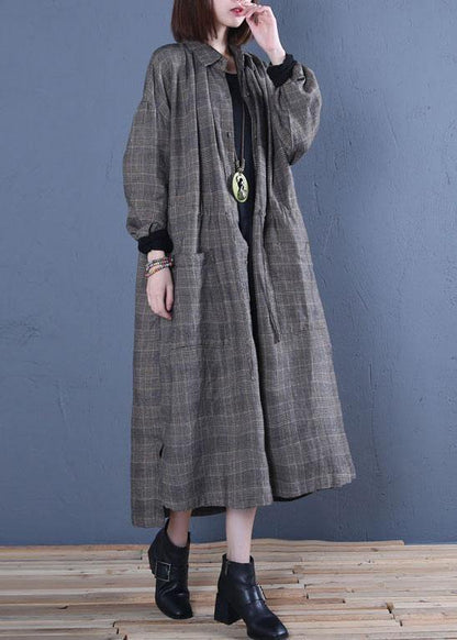Oversized Long Winter Coat Fall Gray Plaid Drawstring Coat