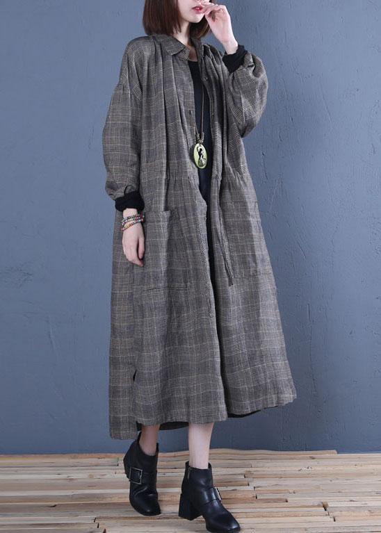 Oversized Long Winter Coat Fall Gray Plaid Drawstring Coat