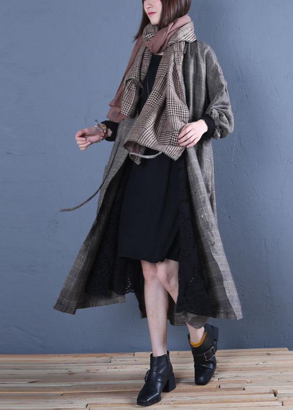 Oversized Long Winter Coat Fall Gray Plaid Drawstring Coat
