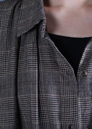 Oversized Long Winter Coat Fall Gray Plaid Drawstring Coat