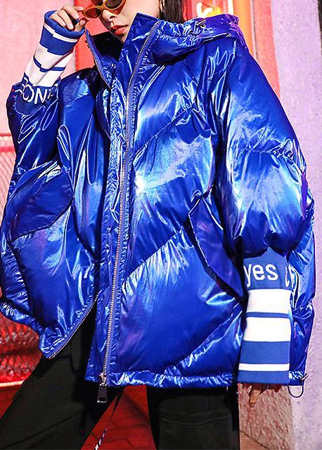 Oversized Winter Jacket Overcoat Blue Print Hooded Zippered Winter Parkas