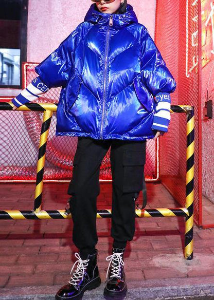 Oversized Winter Jacket Overcoat Blue Print Hooded Zippered Winter Parkas