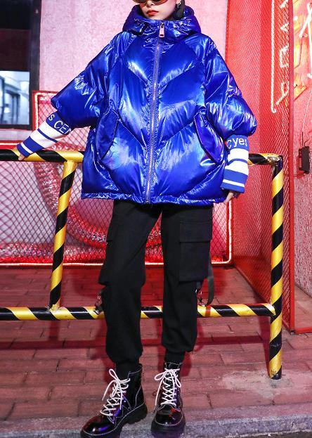 Oversized Winter Jacket Overcoat Blue Print Hooded Zippered Winter Parkas