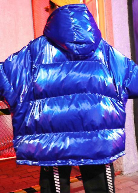 Oversized Winter Jacket Overcoat Blue Print Hooded Zippered Winter Parkas