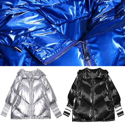 Oversized Winter Jacket Overcoat Blue Print Hooded Zippered Winter Parkas
