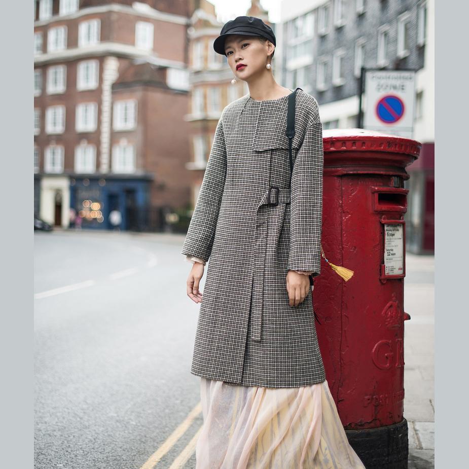 Plaid Wool Jackets Oversized O Neck Long Coat Tie Waist Outwear