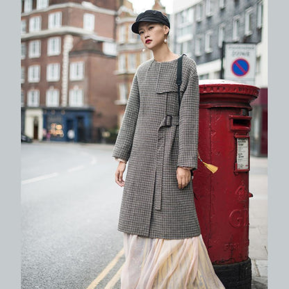 Plaid Wool Jackets Oversized O Neck Long Coat Tie Waist Outwear