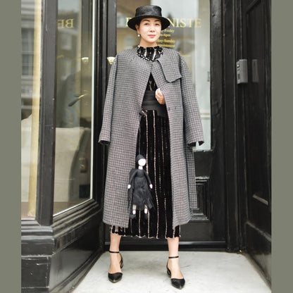 Plaid Wool Jackets Oversized O Neck Long Coat Tie Waist Outwear