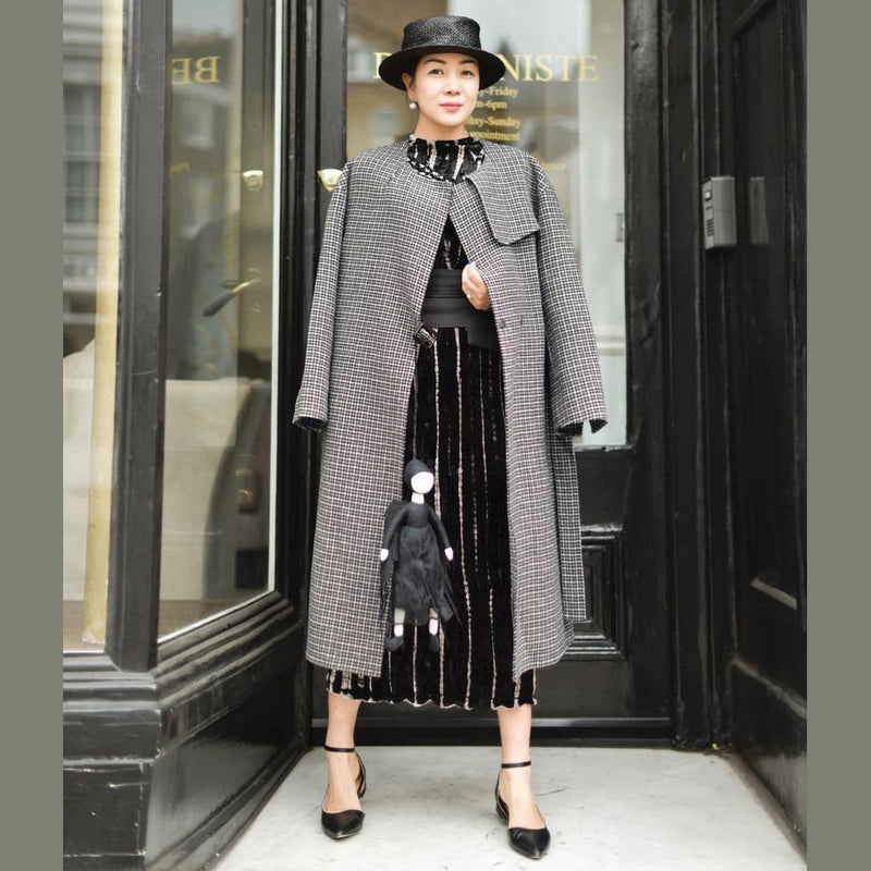 Plaid Wool Jackets Oversized O Neck Long Coat Tie Waist Outwear