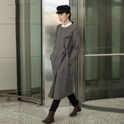 Plaid Wool Jackets Oversized O Neck Long Coat Tie Waist Outwear