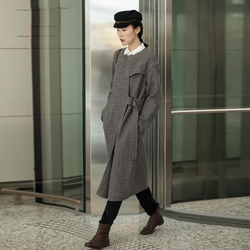 Plaid Wool Jackets Oversized O Neck Long Coat Tie Waist Outwear