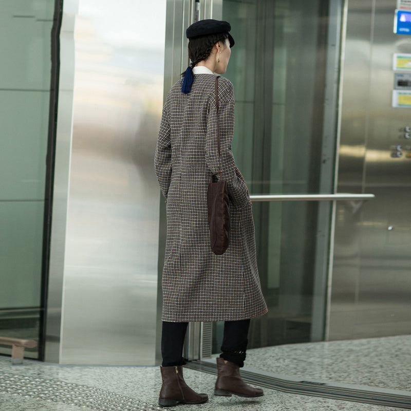 Plaid Wool Jackets Oversized O Neck Long Coat Tie Waist Outwear