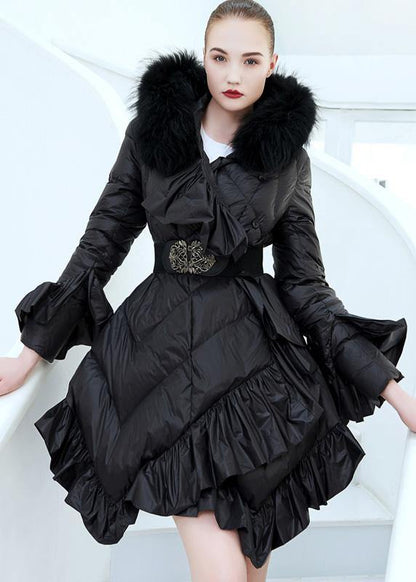 Clothing Down Jacket Tie Waist Jackets Black Ruffles Hem Warm Winter Coat
