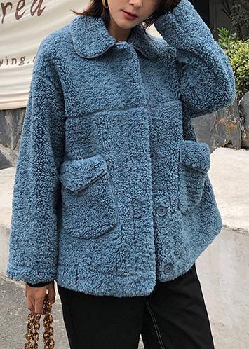 Coats Winter Woolen Outwear Blue Lapel Collar Wool Coat for Woman