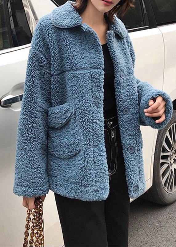 Coats Winter Woolen Outwear Blue Lapel Collar Wool Coat for Woman