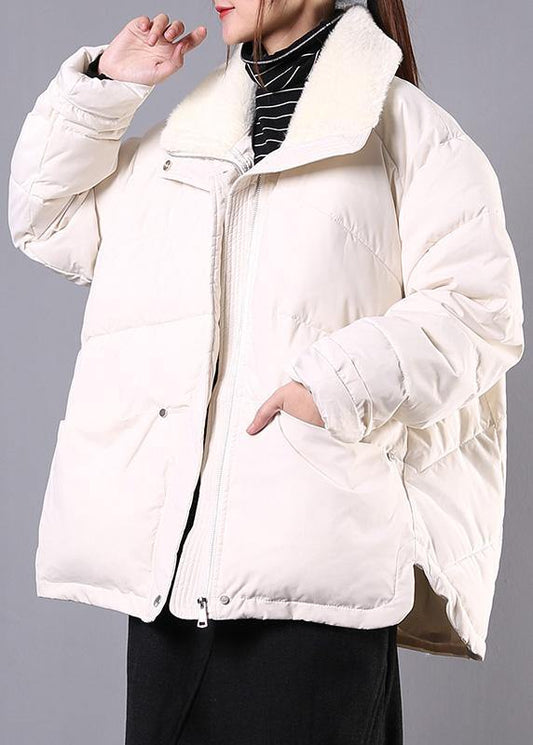 Lapel Winter Outwear Beige Pockets Zippered Parka