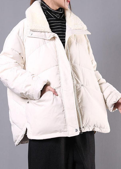 Lapel Winter Outwear Beige Pockets Zippered Parka
