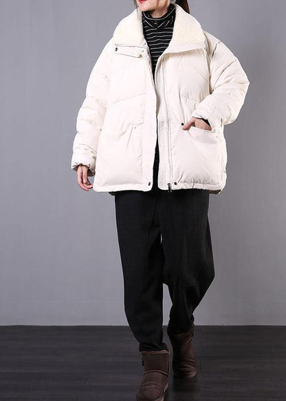 Lapel Winter Outwear Beige Pockets Zippered Parka