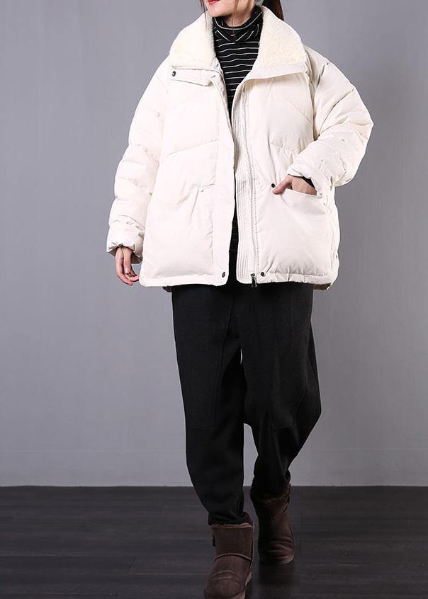 Lapel Winter Outwear Beige Pockets Zippered Parka
