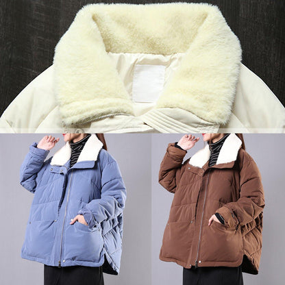Lapel Winter Outwear Beige Pockets Zippered Parka