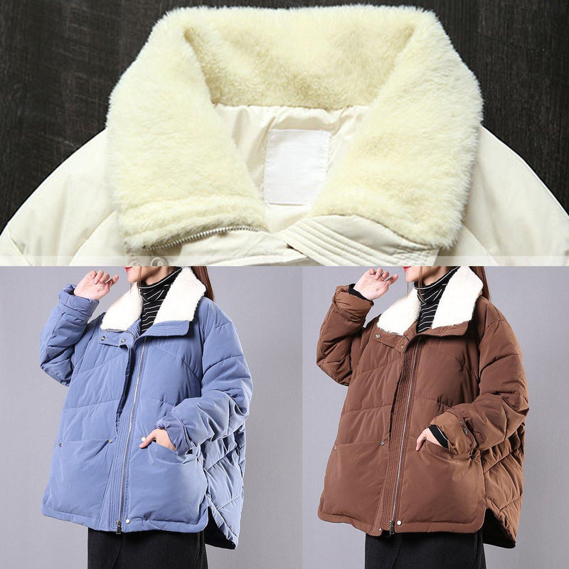 Lapel Winter Outwear Beige Pockets Zippered Parka