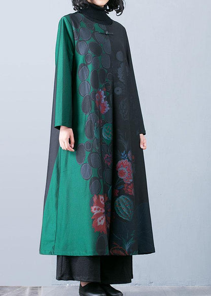 Maxi Coat Fall Trench Coats Green Prints O Neck Overcoat