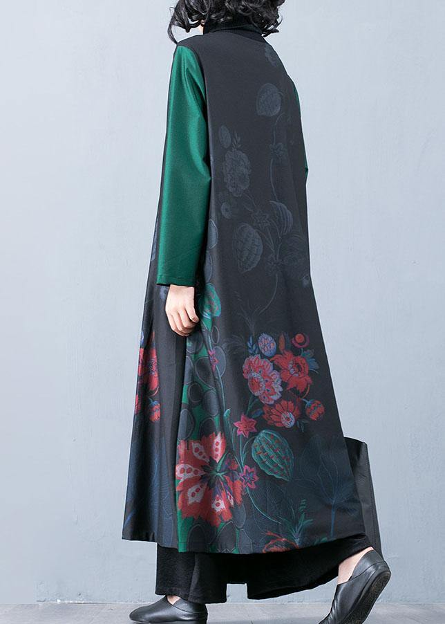 Maxi Coat Fall Trench Coats Green Prints O Neck Overcoat