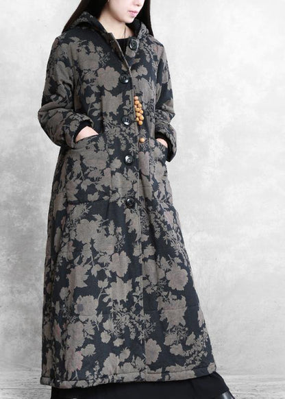 Snow Coats Black Print Hooded Button Down Parka
