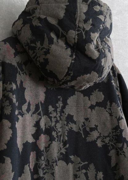 Snow Coats Black Print Hooded Button Down Parka