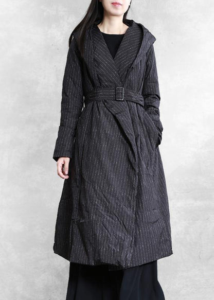 Parka Coats Black Striped Hooded Tie Waist Down Jacket Woman