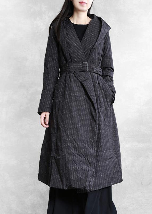 Parka Coats Black Striped Hooded Tie Waist Down Jacket Woman