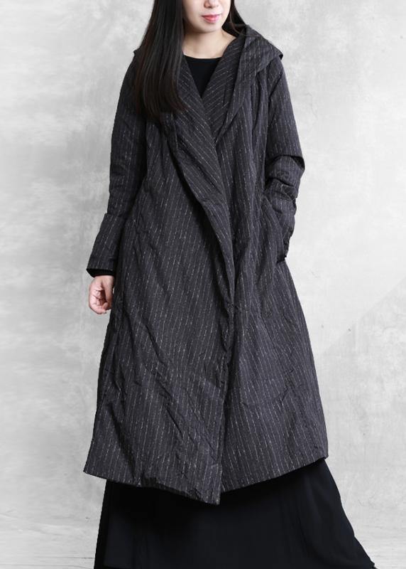 Parka Coats Black Striped Hooded Tie Waist Down Jacket Woman