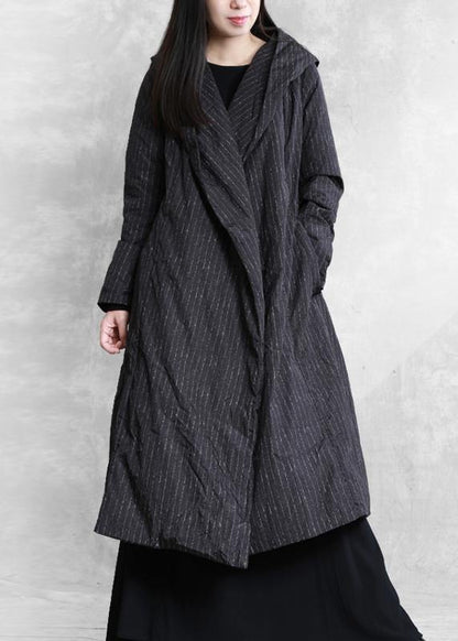 Parka Coats Black Striped Hooded Tie Waist Down Jacket Woman
