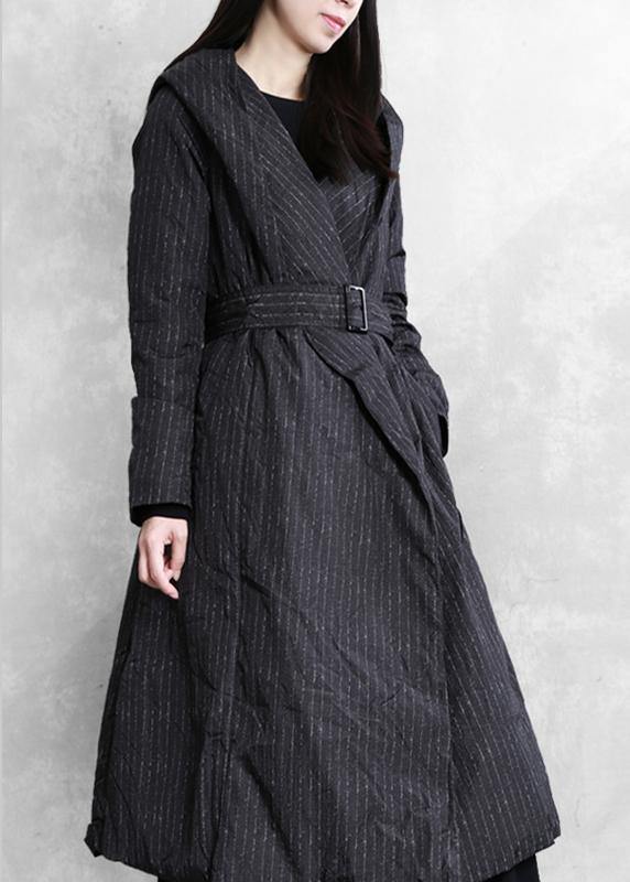 Parka Coats Black Striped Hooded Tie Waist Down Jacket Woman