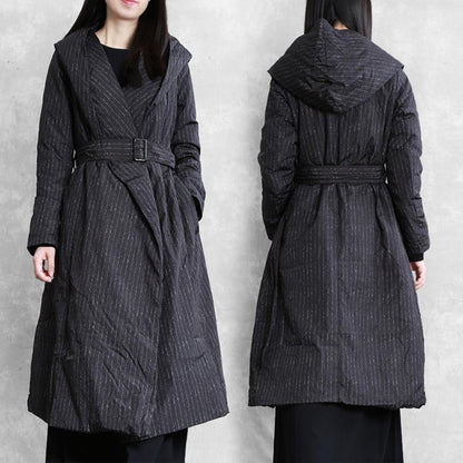 Parka Coats Black Striped Hooded Tie Waist Down Jacket Woman