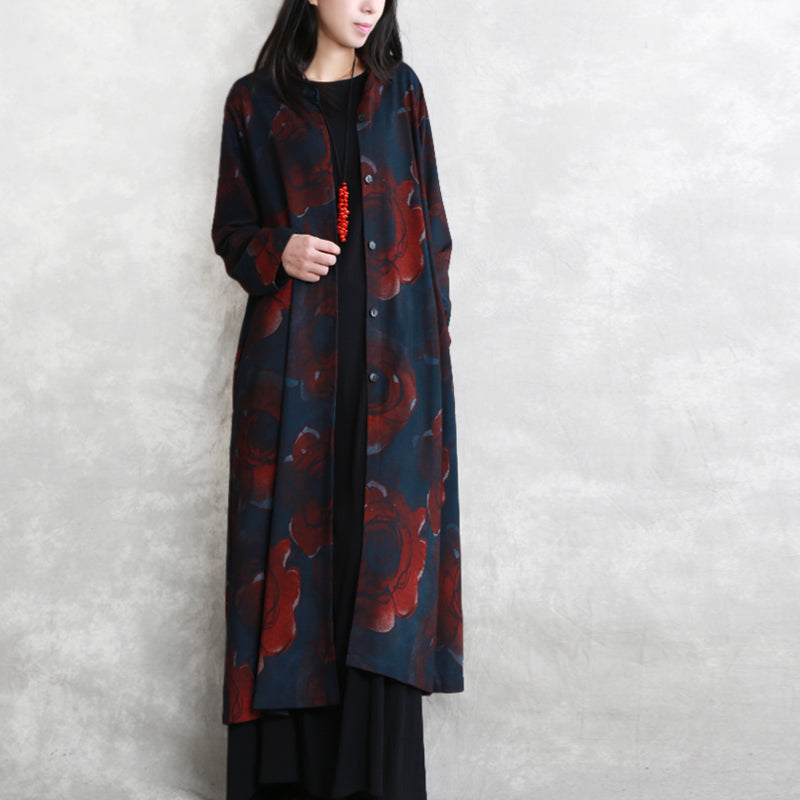 Print Cotton Blended Coat Oversize Pockets Outwear Long Sleeve Baggy Trench Coat