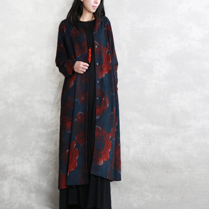 Print Cotton Blended Coat Oversize Pockets Outwear Long Sleeve Baggy Trench Coat