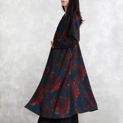 Print Cotton Blended Coat Oversize Pockets Outwear Long Sleeve Baggy Trench Coat
