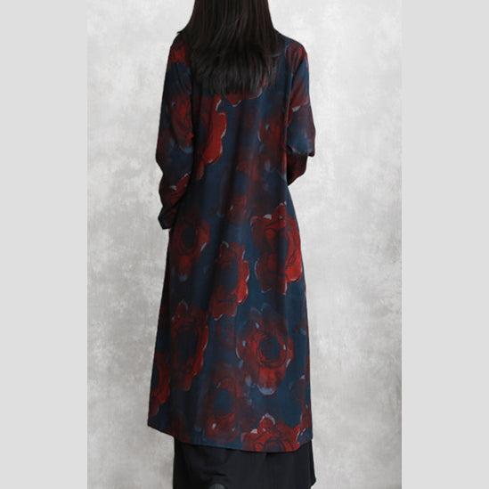 Print Cotton Blended Coat Oversize Pockets Outwear Long Sleeve Baggy Trench Coat