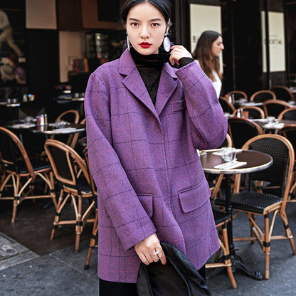 Purple Plaid Coats Notched Wool Coat New Pockets Back Side Open Coat