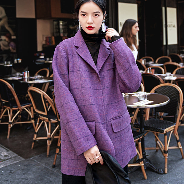Purple Plaid Coats Notched Wool Coat New Pockets Back Side Open Coat