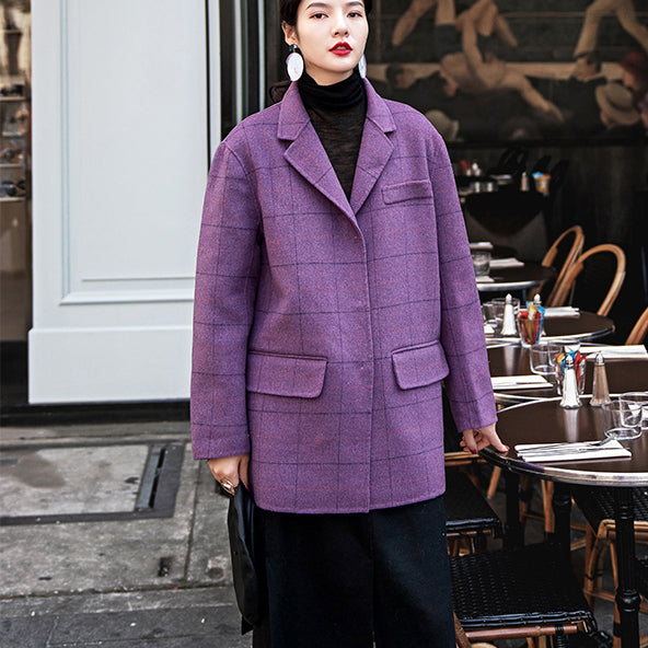 Purple Plaid Coats Notched Wool Coat New Pockets Back Side Open Coat