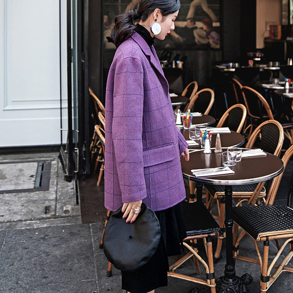 Purple Plaid Coats Notched Wool Coat New Pockets Back Side Open Coat