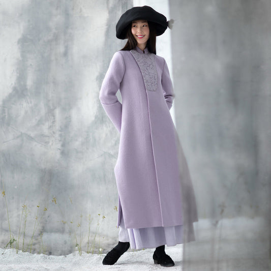 Purple Woolen Coats Side Open Long Winter Coat Embroidery Outwear