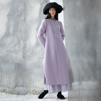 Purple Woolen Coats Side Open Long Winter Coat Embroidery Outwear